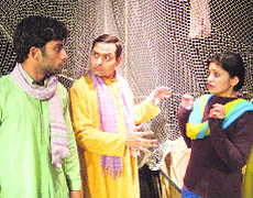 A scene from a play, Ghaat Ki Naav, which was staged at Natrang Studio Theatre in Jammu on Sunday.