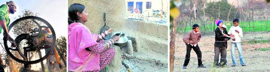 Baljit Singh chops fodder; Jasprit Kaur prepares food; and children play at a ground in Sekhewal village on Sunday.
