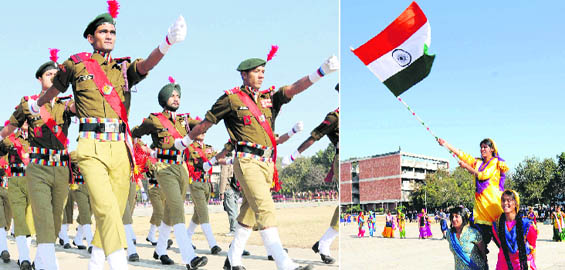 NCC cadets during a dress rehearsal; and (right) a girl student holds the National Flag during practice ahead of the Republic Day function in Chandigarh on Monday.