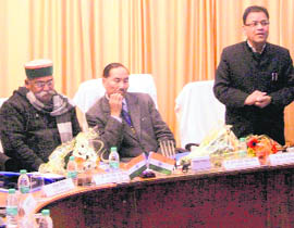 Chief Secretary Subash Kumar addresses a meeting in Mussoorie.