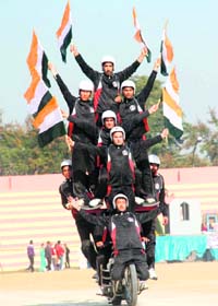 State police jawans at a full-dress rehearsal for the January 26 celebrations at M.A. Stadium in Jammu