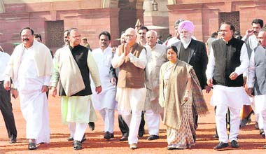 BJP leader LK Advani and other senior party leaders after their meeting with the President in New Delhi