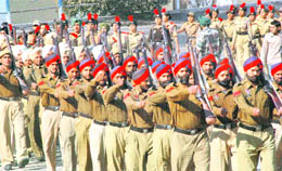 Police personnel during a rehearsal for the Republic Day celebrations at YPS Stadium in Patiala on Saturday. 