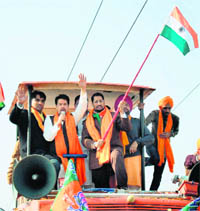 All-India Bharatiya Janata Yuva Morcha president Anurag Thakur addresses party workers in Amritsar on Monday