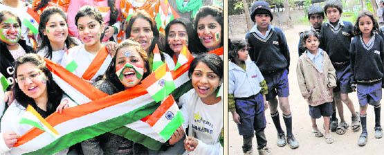 Girls with Tricolour painted on their face in a jubilant mood on the eve of Republic Day at MCM DAV College, Sector 36, Chandigarh; and (right) Children at an AIE centre, who earlier had to brave severe cold after they were handed shorts in the peak of winter season, have now been left out from participating in Wednesday’s Republic Day function.