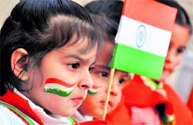 Schoolchildren celebrate Republic Day in Ludhiana on Tuesday.