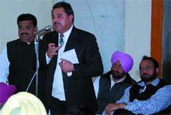 Amritsar MLA OP Soni speaks at the party meeting in Bathinda on Thursday. 