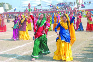 Students perform Gidha during the cultural programme organised to mark the Republic Day celebrations at the Sports Stadium in Bathinda on Wednesday.