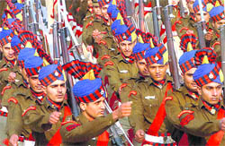 A Chandigarh Police contingent marches in the Republic Day parade in Chandigarh