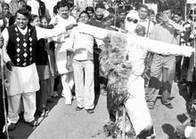 Members of the HJC burn an effigy of Haryana CM Bhupinder Singh Hooda during a protest on the roundabout of Sector 17-18, Panchkula, on Thursday