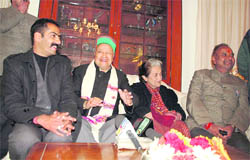 Union Minister Virbhadra Singh, CLP leader Vidya Stokes and newly elected zila parishad chairman Anirudh Singh at a press conference in Shimla