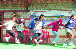 Artistes perform during the winter carnival in Manali