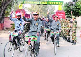 A cycle rally taken out by Armymen reaches Ludhiana on Thursday.