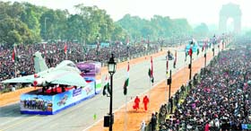 ROAD TO GLORY: Country's homegrown Light Combat Aircraft, Tejas, being displayed during the Republic Day parade in Delhi