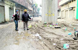 Residents of Shaheed Bhagat Singh Road point towards the filthy conditions prevailing in the area
