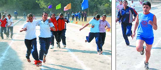 Students take part in the three-leg race on the first day of the two-day annual sports meet of the Government Rajindra College in Bathinda on Friday; Pinki who won the 400 & 1500 metres race