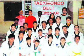 Players at the District Taekwondo Colour Belt Seminar in Dehradun on Friday.