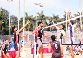 A match in progress at the All-India Public Sector Volleyball Tournament in Dehradun on Friday.
