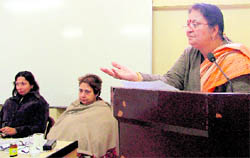 A delegate speeks during a seminar on violation of human rights at Arya College in Ludhiana on Friday