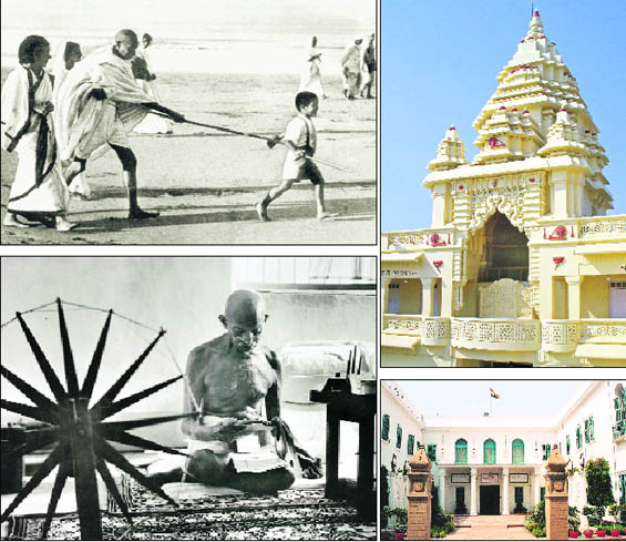 Clockwise from top left: The Mahatma found unique ways to gather a huge number of people around him; Kirti Mandir, Porbandar, Gujarat, the birthplace of Bapu; Birla House, Gandhi Smriti, New Delhi, where Gandhiji spent his last months; and the charkha had become the symbol of his struggle for Swadeshi goods and his simple lifestyle
