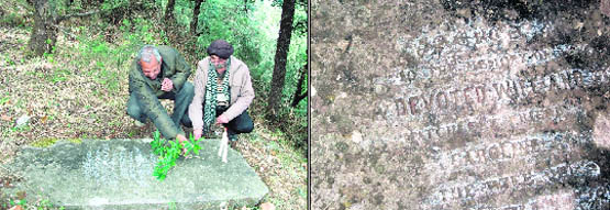 Local historian Gopal Bhardwaj and a friend light candles at the grave of Caroline Moore and (right) the details engraved on the grave near Lal Tibba in Mussoorie.