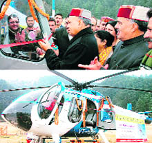 Chief Minister PK Dhumal launches the heli-taxi services in Shimla on Saturday