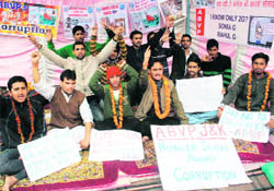 Activists of the ABVP protest in support of their demands in Jammu on Saturday.