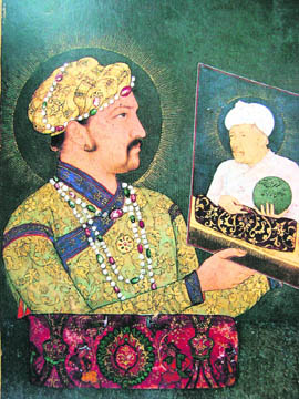 Emperor Jahangir holding up a portrait of Akbar
