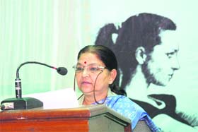 Vijaya Barthwal, Uttarakhand Minister for Social Welfare and Women Empowerment, addresses a workshop on self-defence in Dehradun