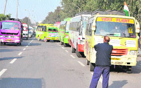 Buses parked haphazardly, leading to traffic chaos in Jammu on Sunday.