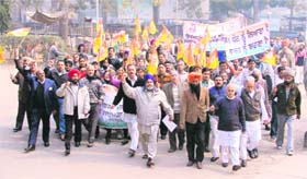 Activists of the Bharat Swabhiman Trust and Patanjali Yog Samiti march towards the mini-secretariat to submit a memorandum to the Deputy Commissioner in Ludhiana