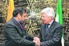 Commerce Minister Anand Sharma with Italian Minister for Economic Development Paolo Romani (R) during a meeting in Rome 
