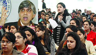 Students interact with Delhi University VC at the university sports complex in New Delhi on Monday.