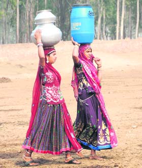 Women of a Rajasthani shepherd family fetch water for household chores near Rai in Sonepat