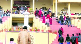 A large number of devotees throng Gyuto monastery at Sidhbari on Monday.