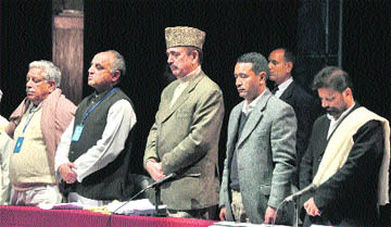 Union Health Minister Ghulam Nabi Azad (3rd from right), along with state ministers and officials at a function organised by the All-India Gandhian Global Family in Jammu on Monday. 