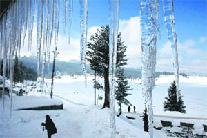 Icicles hang from a building at the Gulmarg ski resort on Monday.