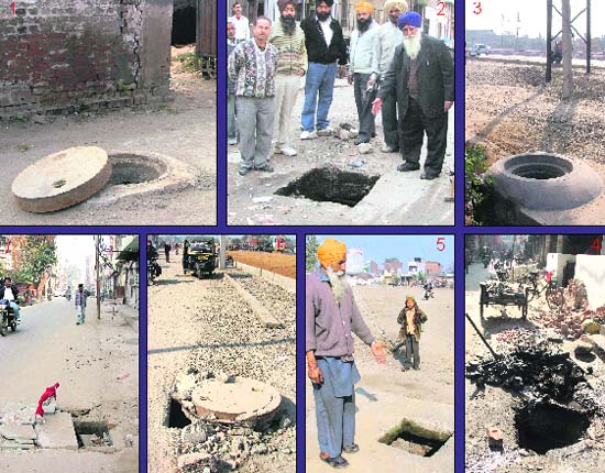(1) An open manhole near the house of 7-year-old victim Sujan Gaba; (2) Shopkeepers show an uncovered manhole in front of Akalgarh market complex; (3) On national highway near Nurwala Road; (4) On the main road near mini shoe market in Nigger Mandi; (5) On the road leading to grain market near Jalandhar bypass; (6) On service lane along with the NH-1 near Kara Bara road; (7) Commuters put up a flag on a manhole near women cell of the police in Ludhiana
