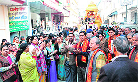 Members of the Jain community take out an elephant royal procession in Haridwar on Tuesday. 