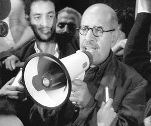 Mohamed ElBaradei addresses the crowd at Tahrir Square in Cairo