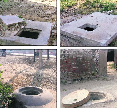 Four of the six uncovered manholes at Lord Mahavira Civil Hospital in Ludhiana