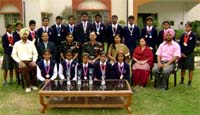 Students of Army Public School, who did their school proud at the National CBSE Inter-school Athletic meet held in Kerala, pose with their principal and senior Army officials.
