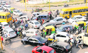 An overview of a traffic jam on the road separating Sectors 18 and 19 in Chandigarh on Wednesday.