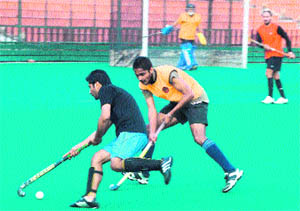 Players take part in hockey trials at Sector 42, Chandigarh, on Wednesday. 