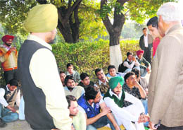 Members of the Panjab University Students Union sit on hunger strike outside the Vice-Chancellors office in Chandigarh on Wednesday.