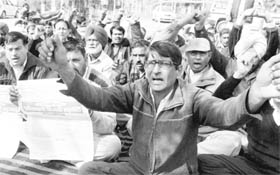 Members of the HSEB Workers Union protest at Industrial Area, Phase-2, Panchkula, on Wednesday. 