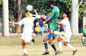 A match in progress during the 19th Narayan Gurung Zics Memorial Football Tournament in Dehradun