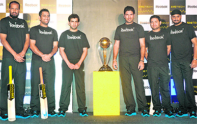 Yusuf Pathan, MS Dhoni, Gautam Gambhir, Yuvraj Singh, Piyush Chawla and Harbhajan Singh at a promotional event for the World Cup in New Delhi on Wednesday.
