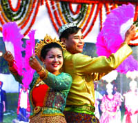Foreign artistes present a dance during the Surajkund Crafts Mela in Faridabad on Wednesday.