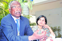 Dev Lahiri, Principal, Welham Boys School, and Gauri Maulekhi of People for Animals, Uttarakhand, at a press conference in Dehradun on Thursday.